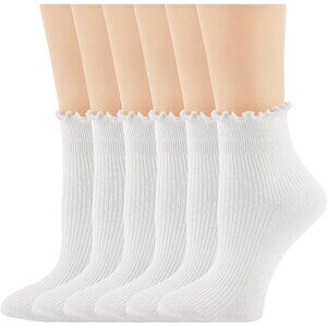 White Women's Ruffle Ankle Socks  6 Pairs Cute Frilly Cotton Crew Socks